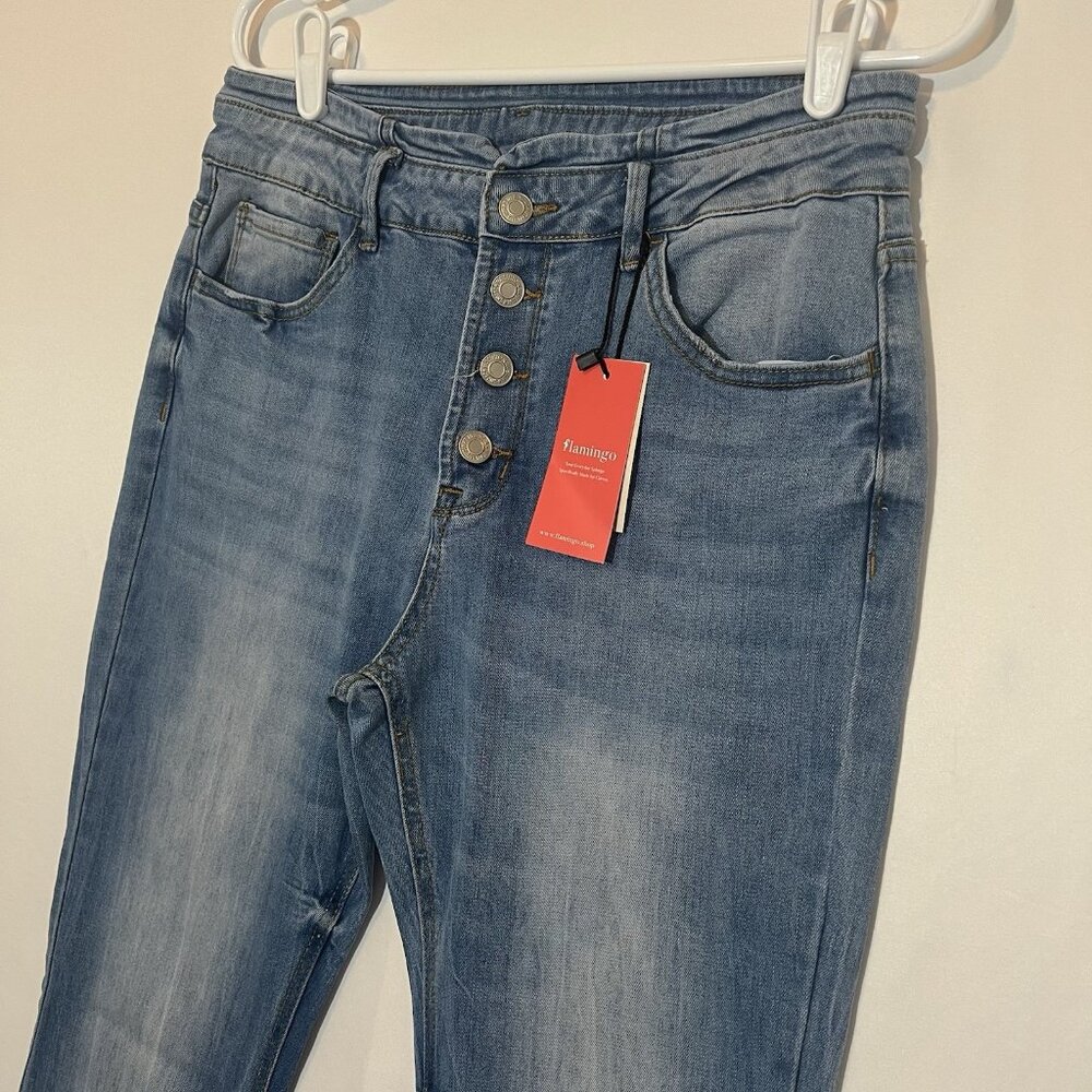 Flamingo Women’s Jeans Mid Rise Flare Leg Size Large Blue Fly Buttons Stretch - Picture 9 of 10